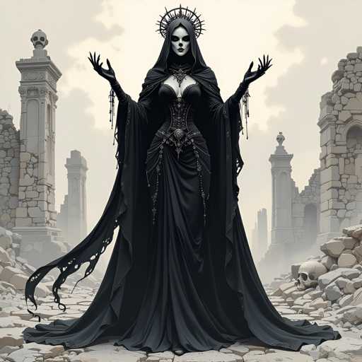 The image depicts a woman dressed in a black gown with a corset and headdress, standing on a stone path surrounded by ruins. The woman is holding her hands up in the air, suggesting a sense of power or authority.
