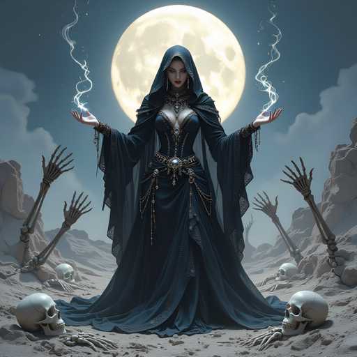 A woman dressed in a long black robe with gold accents stands in the center of an eerie landscape, surrounded by several skulls and bones scattered around her feet. The sky above is dark blue, and a full moon can be seen in the background.
