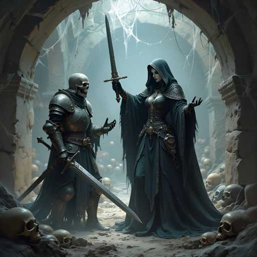 A woman dressed in black armor and a man wearing a helmet stand in the center of an ancient stone archway, with several skulls surrounding them on either side. The woman holds a sword aloft while the man stands next to her, both facing away from the viewer.