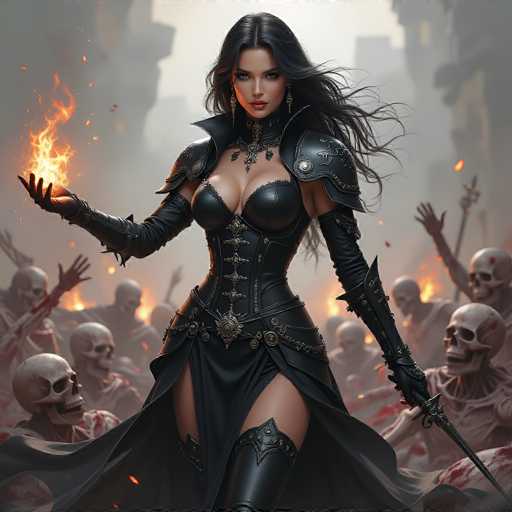 In this striking image, a formidable female warrior stands poised amidst a chaotic battlefield. She is adorned in a sleek black leather dress, accentuated by intricate silver buckles that crisscross her chest. Her attire is completed with matching black leather boots and gloves, exuding an aura of strength and elegance. The warrior's long, flowing black hair cascades down her back, framing her face, which is marked by a determined expression and piercing eyes. In her right hand, she brandishes a gleaming silver dagger, while her left hand is engulfed in vibrant orange flames, suggesting her mastery over fire. Surrounding her are numerous skeletal figures, their bony hands raised in what appears to be a gesture of reverence or fear. The background is shrouded in a smoky haze, adding to the dramatic and intense atmosphere of the scene.