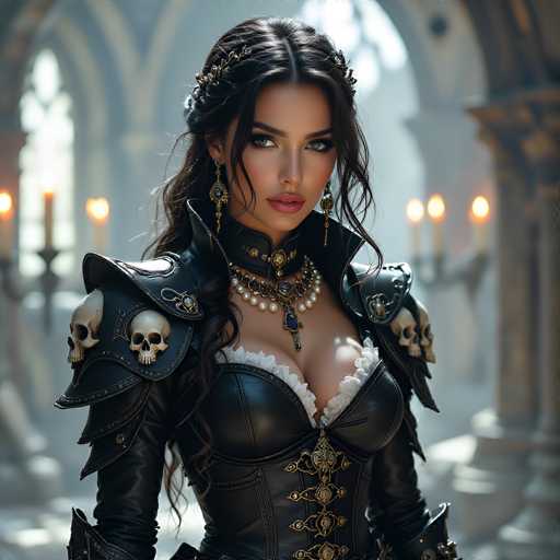 This AI-generated image depicts a woman with long, dark hair styled in a braid that drapes over her right shoulder. She has striking blue eyes and is adorned with a delicate crown of leaves or flowers. Her makeup is meticulously applied, featuring pink lipstick and blush on her cheeks. She wears elegant earrings that dangle from her ears, adding to her regal appearance.

Her attire is a blend of medieval and fantasy elements. She dons a black leather corset with a white frilly top, complemented by a black leather choker that is adorned with a large central jewel. A long necklace with a prominent pendant hangs around her neck, further enhancing her ornate look. Her shoulders are protected by black leather armor that is decorated with intricate skull designs.

The background is a blurred, ethereal setting that resembles a church or cathedral. Sunlight streams through the windows, casting a warm glow over the scene. Candelabras with flickering candles are positioned on both sides, adding to the mystical atmosphere. The overall image is slightly blurry, giving it a dreamlike quality.