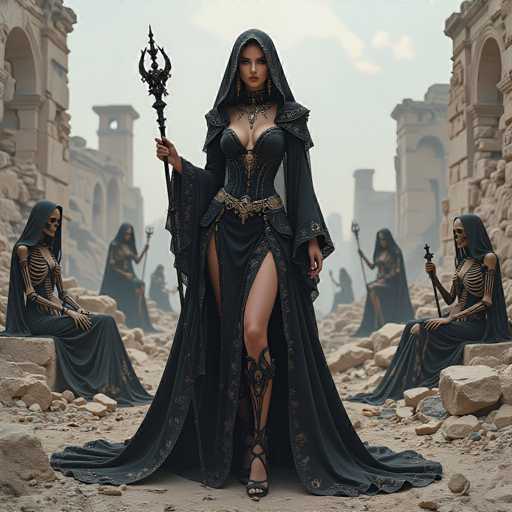 In this captivating image, a woman stands prominently in the foreground, adorned in a striking black dress that exudes an air of mystery and elegance. The dress features a daring slit that reveals her leg, adding a touch of allure to her ensemble. Her footwear consists of black high heels, intricately designed with straps that extend up to her knees, enhancing the overall sophistication of her look.

The woman's attire is complemented by a black hood that drapes over her head, adding an element of intrigue. She holds a black staff in her right hand, which is topped with a unique three-pronged head, resembling a stylized pitchfork. Her left hand rests gently at her side, contributing to her poised demeanor.

Her facial features are striking, with a pale complexion that contrasts beautifully with her dark attire. Her lips are painted a bold red, and her eyes are accentuated with black eyeliner, giving her a captivating gaze. She wears a black necklace that features a prominent silver pendant, adding a touch of sparkle to her outfit.

Surrounding her are several skeletons, each draped in black hoods and long black dresses, creating a haunting yet mesmerizing atmosphere. The ground beneath her is a mix of dirt and scattered rocks, adding a rugged texture to the scene. In the background, a series of stone buildings with arch-shaped windows and doorways can be seen, their light brown façades standing in stark contrast to the dark figures in the foreground. The sky above is a clear blue, dotted with a few white clouds, completing this surreal and visually striking tableau.
