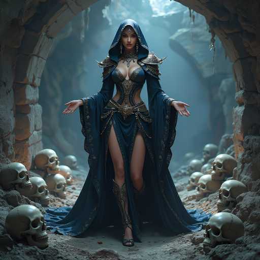 The image depicts a striking, AI-generated female character standing in a dimly lit, ancient stone tunnel adorned with numerous skulls lining the floor. She is dressed in a dark blue, form-fitting outfit that accentuates her curvaceous figure, complete with a matching hood that drapes down to her feet. Her attire includes a bra-like top, a corset, and a flowing cape that extends to the ground. She wears high-heeled boots that reach up to her knees, and a belt with a prominent buckle cinches her waist. The character's pose is dramatic, with her arms outstretched to her sides, palms facing up, and her head slightly tilted downward. Her long, dark hair cascades from beneath the hood, and she wears a necklace with a jewel hanging from her forehead. The overall scene is shrouded in a dark, eerie atmosphere, with light filtering in from the top of the tunnel, casting an ethereal glow on the character.