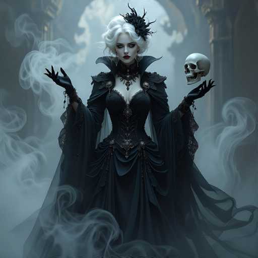 A striking image features a woman with short, white hair styled in a bun, adorned with a black feather. She is dressed in an elaborate black gown with a high collar, reminiscent of a gothic or Victorian style. The dress is intricately designed with lace details and a deep V-neckline, revealing a hint of cleavage. Her arms are outstretched, and she wears black gloves, with wisps of smoke emanating from her hands. In her left hand, she holds a human skull, while her right hand is open, palm up, with smoke curling around her fingers. The background is a misty, smoky gray, adding to the eerie atmosphere. Behind her, a large, ornate archway with gold trim and columns frames the scene, enhancing the gothic aesthetic. The woman's pale skin contrasts sharply with her dark attire, and she wears bold red lipstick, completing her hauntingly beautiful appearance.