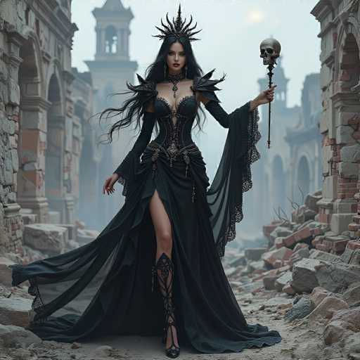In this striking image, a woman stands poised in the middle of a dilapidated, ancient building. She is adorned in a long, flowing black dress that features intricate lace detailing along the bottom hem and sleeves. The dress is designed with a daring slit that reveals her leg, adding a touch of allure to her ensemble. Her footwear consists of black, lace-up boots that extend up to her knees, enhancing her gothic appearance.

Her long, black hair cascades down her back, framing her face which is accentuated by bold red lipstick. Atop her head sits a crown adorned with numerous spikes, giving her an imposing and regal presence. In her left hand, she holds a staff topped with a skull, further emphasizing the dark and mysterious aura she exudes.

The setting around her is in ruins, with crumbling walls and scattered bricks visible on the right side of the image. The left side of the background is shrouded in a misty fog, adding to the eerie and haunting atmosphere. The sky above is a muted gray, completing the scene with a sense of desolation and timelessness.