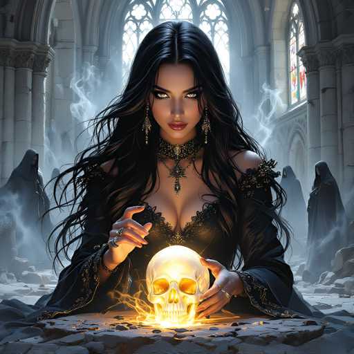 In this AI-generated image, a young woman with long, flowing black hair and striking yellow eyes is depicted in a gothic setting. She is adorned with a choker necklace and a pendant necklace, and her attire includes a black dress with intricate gold detailing. The woman is seated at a stone table, holding a glowing skull that emits an eerie light, with flames dancing around its base. Surrounding her are several hooded figures dressed in black robes, adding to the mysterious atmosphere. The scene is set within a grand, cathedral-like structure, characterized by its white stone walls and stained glass windows. The overall ambiance is dark and haunting, with the woman's intense gaze and the flickering light from the skull drawing the viewer's attention.
