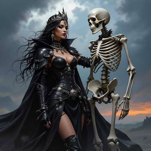 In this captivating image, a woman stands gracefully beside a skeleton, both adorned in elaborate costumes. The woman is dressed in a striking black leather outfit, featuring a corset top that accentuates her figure. Her attire includes a dramatic cape that flows behind her, and she wears fingerless gloves that add to her edgy appearance. Her long, flowing black hair cascades down her back, and she wears a regal crown on her head. Around her neck, she sports a thick, ornate necklace that complements her ensemble. Her makeup is bold, with dark eyeshadow and vivid red lipstick, enhancing her striking features.

The skeleton beside her is equally adorned, with a black scarf wrapped around its neck. The woman's arm rests gently on the skeleton's shoulder, creating a sense of connection between the two. The background is a dramatic landscape with dark, ominous clouds overhead, contrasting with a strip of orange light along the horizon, suggesting either a sunrise or sunset. The ground beneath them is a rugged terrain, dotted with rocks and sparse vegetation, adding to the scene's mysterious and haunting atmosphere.