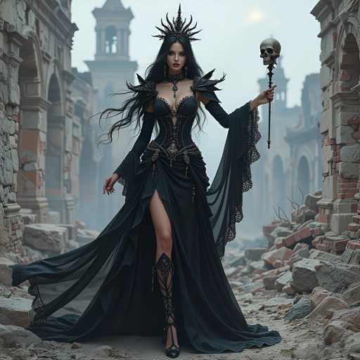 A woman dressed in a black gown with gold accents and a crown on her head stands in front of an old, dilapidated building, holding a skull in one hand and a staff in the other.
