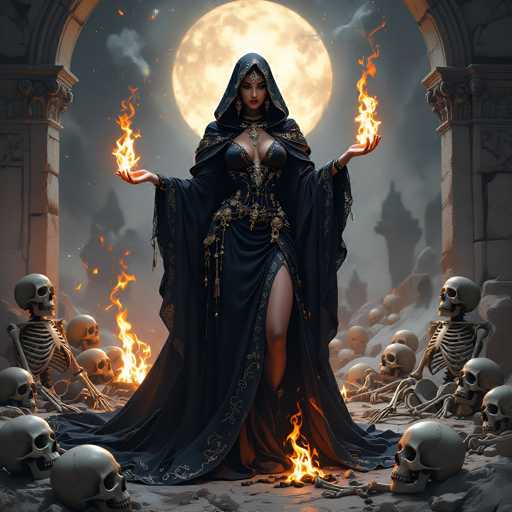 In this detailed fantasy illustration, a striking woman stands at the center of a grand, ancient stone archway, framed by a full moon that casts an eerie glow over the scene. She is adorned in a long, flowing black dress with intricate gold embroidery, which features a daring slit up to her thigh. Her attire is complemented by a matching black hood that drapes over her head, and a golden choker around her neck. Her face, partially obscured by shadows, reveals a serious expression with dark eyes and a hint of red lipstick.

Her arms are outstretched, palms facing upwards, from which flames burst forth, adding a dramatic flair to her already imposing presence. The dress is form-fitting, accentuating her figure, and includes a corset-like bodice with a prominent gold belt. The dress's hemline is adorned with delicate gold designs, adding to its regal appearance.

Surrounding her on the stone floor are numerous gray skulls, some scattered around her feet and others positioned on either side of the archway. The stone archway itself is flanked by two imposing columns, enhancing the ancient and mystical atmosphere of the scene. In the background, a smoky haze adds to the ethereal quality, with faint silhouettes of distant buildings barely visible through the mist. The overall composition evokes a sense of dark fantasy and ancient power.