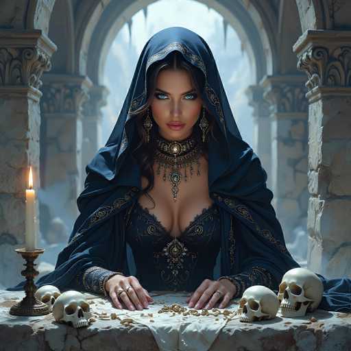In this captivating image, a woman is seated at a stone table adorned with a white cloth. The table is strikingly decorated with four skulls, two on each side, and a lit candle in a brass holder. The woman is dressed in an elaborate, low-cut blue dress that features intricate gold designs. She wears a matching blue hood with gold trim that drapes elegantly over her head and shoulders. Her long, dark hair cascades down, framing her face, which is highlighted by her striking blue eyes and pink lips. Around her neck, she wears a thick, ornate choker necklace with a prominent pendant. Her hands rest on the table, showcasing two rings on each hand. The background reveals a series of stone arches, adding a sense of depth and mystery to the scene.