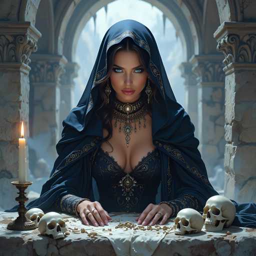 A woman with striking blue eyes and a long dark hair is seated at a table adorned with several skulls and a candle. She wears a blue robe that features gold accents and a necklace with a large pendant. The background includes stone columns and arches, suggesting an ancient or medieval setting.