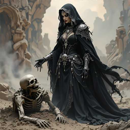 In this captivating fantasy illustration, a striking woman stands poised in a rugged, rocky terrain. She is adorned in an elaborate black dress, intricately detailed with silver embellishments that accentuate her shoulders and wrists. Her attire is complemented by a flowing black cape, adding to her imposing presence. The woman's pale skin contrasts sharply with her vibrant red lips, and her eyes are cast downward, exuding an air of contemplation or perhaps enchantment.

Her gaze is fixed on a skeleton that lies before her, partially buried in the earth. The skeleton, with its mouth agape, gazes back at her, creating a haunting yet mesmerizing scene. The woman's dress features a daring cutout at the chest, revealing a glimpse of her skin and adding to the overall allure of her ensemble.

The backdrop is a desolate landscape of rocky outcrops and barren earth, with a hint of fog or smoke rising from the ground, enhancing the mystical atmosphere. The woman's dress appears to be made of a delicate, gauzy fabric that billows gracefully in the wind, adding a dynamic element to the otherwise still scene. This image beautifully blends elements of fantasy and mystery, drawing viewers into its enchanting world.
