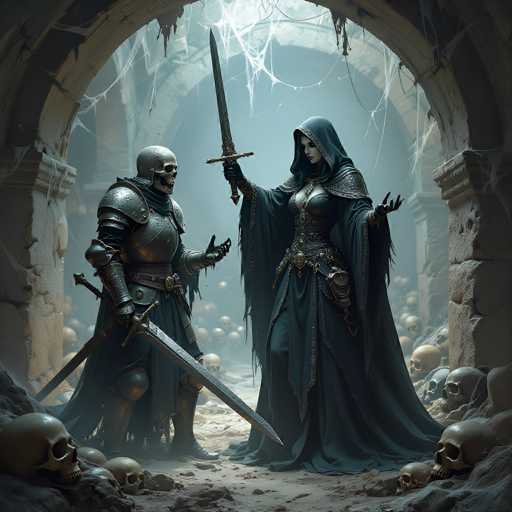 In this detailed fantasy illustration, a menacing female figure stands in the center of a grand, ancient stone archway, flanked by two imposing stone columns. The archway, adorned with intricate carvings, leads into a cavernous area filled with numerous skulls scattered on the ground. The woman, dressed in a dark blue, form-fitting dress with a matching cape and hood, exudes an aura of power and mystery. Her attire is accentuated with a belt and a sword sheathed at her side. She holds a long, sharp sword aloft in her right hand, while her left hand is extended outward, palm up, as if casting a spell or commanding attention. Her face, partially obscured by shadows, reveals a pale complexion and a strikingly beautiful visage. To her left stands a formidable skeleton knight, clad in gleaming silver armor and wielding a massive sword. The knight's skull is fully visible, adding to the eerie atmosphere. The scene is rich with elements of fantasy, including cobwebs hanging from the archway and a misty, smoky background that enhances the mystical and foreboding ambiance.