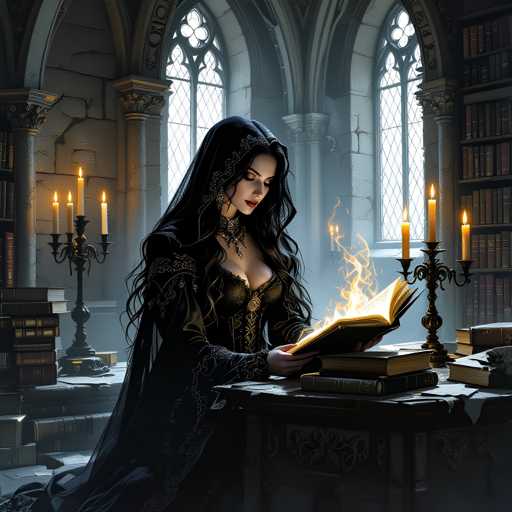 A woman dressed in medieval clothing is seated at a table with an open book and candles burning on it. The room has large windows that let in natural light, creating a warm glow throughout the space.