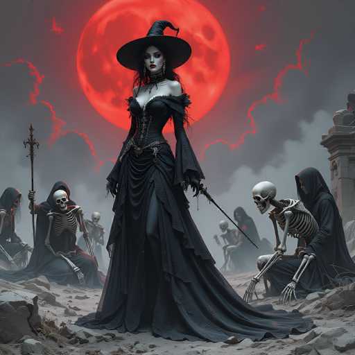In this detailed digital artwork, a gothic scene unfolds under a foreboding night sky. At the center stands a striking woman, embodying the essence of a witch. She wears a long, flowing black dress with intricate lace details and a corset-like bodice, complemented by a dramatic witch's hat. Her pale skin contrasts sharply with her dark attire, and her long black hair cascades down her shoulders. She holds a sword in her left hand, exuding an aura of power and mystery.

Behind her, the sky is a canvas of ominous gray clouds, dominated by a massive, blood-red moon that casts an eerie glow over the entire scene. Red lightning bolts streak through the sky, adding to the supernatural atmosphere.

Surrounding the witch are several skeletal figures, each draped in black robes. Some wear hoods, obscuring their faces, while others reveal their bony visages. These skeletal figures are positioned on either side of the witch, some kneeling and others standing, all contributing to the dark, gothic ambiance of the artwork.