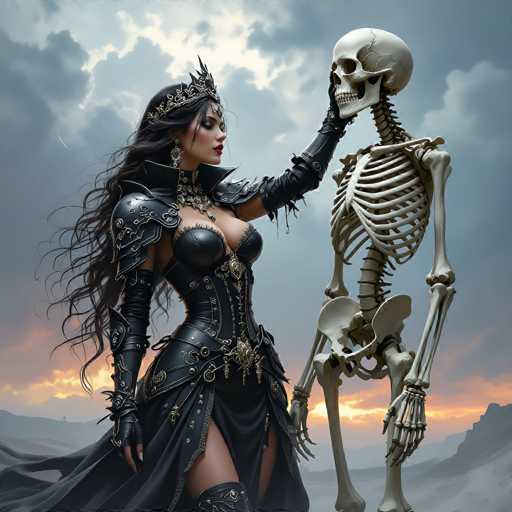 In this captivating image, a woman dressed in an elaborate black leather outfit stands beside a skeleton, creating a striking contrast. The woman's attire features a corset-like top with intricate designs, complemented by a flowing black skirt. Her ensemble is accentuated by long gloves that extend up to her biceps, and a crown adorns her head, adding a regal touch. Her long, dark hair cascades down her back, and she wears a necklace that enhances her elegant appearance. She gazes at the skeleton with a tender expression, her hand gently resting on its cheek. The skeleton, positioned to her right, is missing several teeth and has a noticeable crack on the side of its head. Its arms hang loosely by its sides, and its legs are slightly bent at the knees. The background is a dramatic blend of dark clouds with a hint of orange light peeking through at the bottom, adding an eerie yet mesmerizing atmosphere to the scene.