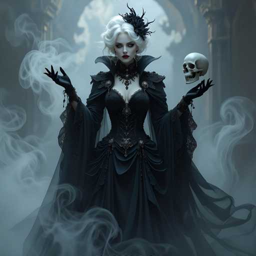A woman dressed in a black gown with gold accents and a large headdress stands in front of a doorway, holding a skull in her right hand and a rose in her left hand. The background is shrouded in fog, creating an eerie atmosphere that complements the mysterious nature of the scene.