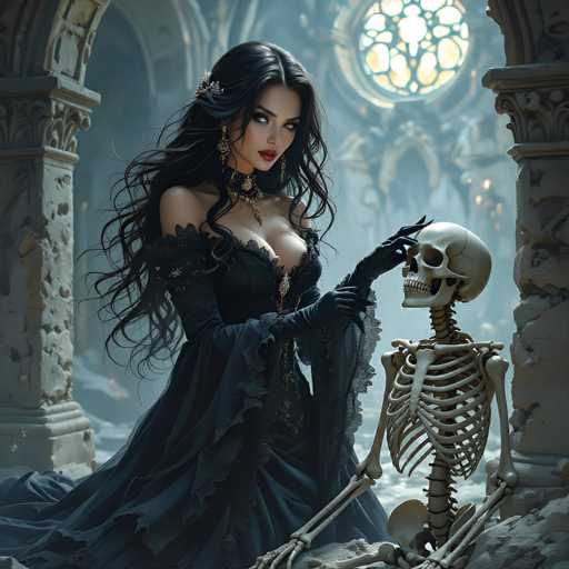In this AI-generated image, a woman with long, flowing black hair adorned with a silver barrette sits gracefully on a stone floor. She is dressed in an elegant black gown that features a deep neckline, revealing a hint of cleavage, and is complemented by black gloves. Her striking red lips and heavy eye makeup add to her dramatic appearance. The woman is holding a skeleton by the hand, gazing down at it with a contemplative expression. The skeleton, with its skull slightly tilted to the right, is positioned in front of her. Behind them, a large, circular stained glass window with intricate designs casts a soft light into the room, illuminating the stone columns on either side. The scene is set against a backdrop of ancient, weathered stone walls, adding to the mysterious and haunting atmosphere.