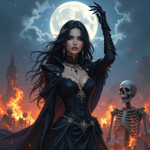 The image depicts a striking gothic scene featuring a woman with long, flowing black hair adorned with a silver barrette. She is dressed in an elaborate black leather corset with intricate silver embellishments, a matching choker, and a flowing cape. Her outfit is complemented by long black gloves and a belt with a prominent silver buckle. The woman's pale skin contrasts sharply with her dark attire, and she wears red lipstick and silver earrings. She stands with one hand raised, as if in a dramatic or commanding pose. Behind her, a full moon casts an eerie glow over the scene, partially obscured by clouds. The background is filled with flames and the silhouettes of two skeletons, adding to the dark and mysterious atmosphere. The entire image has a computer-generated quality, with a slightly blurred effect that enhances its otherworldly feel.