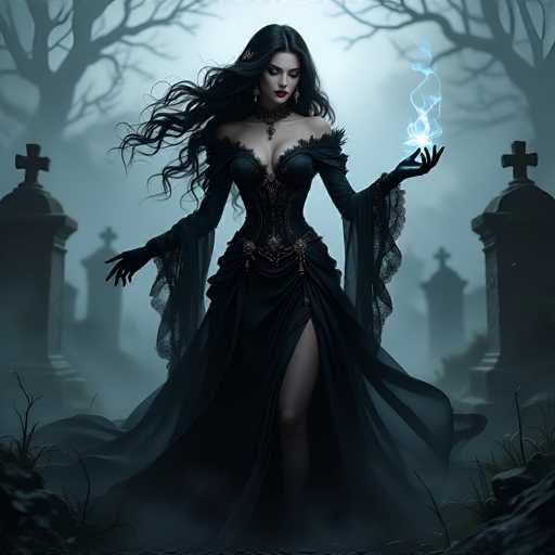In this AI-generated image, a woman stands in a spooky graveyard at night, surrounded by tombstones and bare trees. She is dressed in a long, flowing black gown with a high slit on the left side, revealing her leg. The dress features a bustier top, long sleeves, and a lace overlay that extends from her elbows to her wrists. Her dark, wavy hair cascades down to her waist, and she wears a black choker necklace with a pendant. Her eyes are closed, and her head is tilted downward, giving her a serene expression. In her left hand, she holds a glowing blue orb that emits wisps of light, adding a mystical element to the scene. The background is shrouded in fog, enhancing the eerie atmosphere of the graveyard.