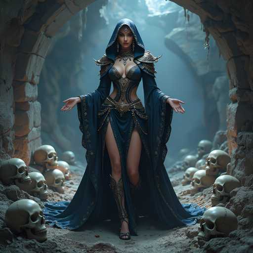 A woman dressed in a blue gown with gold accents stands in front of a group of skulls and cobblestones, holding her hands out as if ready for battle or dance.