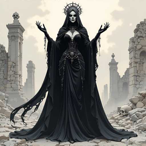 The image depicts a haunting scene reminiscent of a gothic video game. At the center stands a woman with a pale, almost white face, accentuated by dark makeup around her eyes and lips. Her head is adorned with a crown-like structure, adding to her eerie presence. She is dressed in a revealing black corset that exposes her cleavage, paired with a long, flowing black cape. The cape is tattered on the left side, adding to the overall sense of decay and desolation.

The woman's hands are raised, with her fingers splayed outwards, as if she is either casting a spell or reaching for something unseen. Surrounding her are the remnants of a once-grand building, now in ruins. The ground beneath her is littered with broken stones and scattered skulls, hinting at the structure's former glory. To her left, a tall, gray stone pillar stands, topped with a skull, while to her right, another pillar is adorned with a small ball at its peak. The background is filled with more stone pillars, some of which are partially collapsed, contributing to the scene's post-apocalyptic atmosphere. The sky above is a muted gray, further enhancing the somber and mysterious mood of the image.