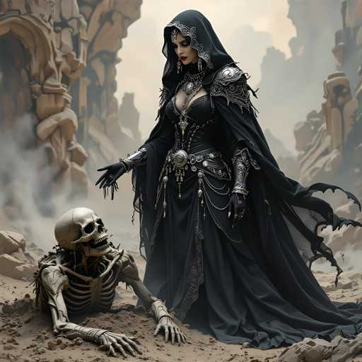 A woman dressed in a black robe and hood stands next to a skeleton on the ground. The woman is wearing a necklace with large beads around her neck.