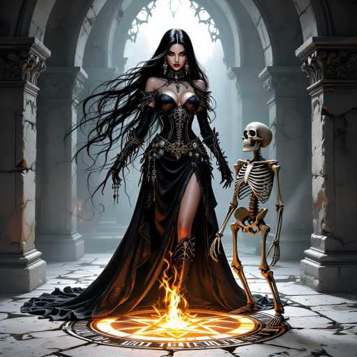 The image depicts a woman and a skeleton standing on a circular platform with an orange circle at the center that contains a flame. The woman is wearing a black dress and has long hair, while the skeleton is made of stone and appears to be in a state of rest or repose.