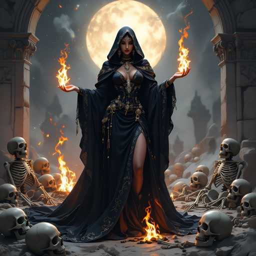 A woman dressed as a witch stands in front of a large full moon and surrounded by numerous skulls.