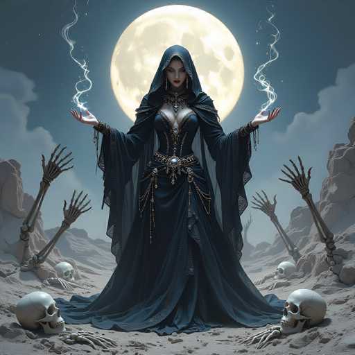The image depicts a striking scene of a woman standing in a desert-like area, surrounded by scattered skulls and skeletal hands emerging from the ground. She is dressed in a long, dark blue gown with a hood that drapes over her head, and a corset-like top that reveals a significant amount of cleavage. The gown features intricate details, including a large belt with a prominent blue jewel at the center. Her arms are outstretched, palms facing upwards, with wisps of smoke or white mist emanating from her fingertips. The woman's face is adorned with red lipstick and long, dangling earrings, and she gazes downward with a serious expression. Behind her, a large, glowing full moon illuminates the dark blue sky, which is partially obscured by clouds. The overall atmosphere is eerie and mystical, with the skeletal remains adding a haunting element to the scene.