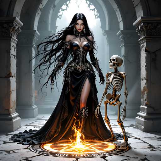 In this detailed fantasy illustration, a striking woman with long, flowing black hair stands at the center of a grand, ancient stone building. She is adorned in a revealing black corset and a long, flowing black dress that extends to the floor, with a high slit revealing her leg. Her attire is complemented by long black gloves and a choker necklace. The woman, with her dark eyes and red lips, exudes an air of mystery and power. She stands within a glowing pentagram on the stone floor, which is intricately designed with a golden star and surrounded by a circle of light. 

To her right, a skeleton figure stands on its hind legs, gazing up at her with an expression of awe or reverence. The skeleton is positioned near the bottom right corner of the image, adding an eerie yet intriguing element to the scene. The background features tall, arched stone columns that frame the space, enhancing the ancient and mystical atmosphere. The overall color palette of the image is dominated by shades of black, gray, and white, with the fiery glow of the pentagram providing a dramatic contrast.