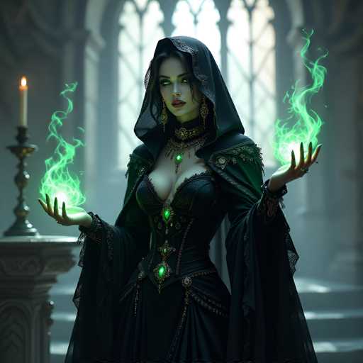The image depicts a striking scene set in a grand, cathedral-like room with tall, arched windows and stone pillars. At the center stands a woman with long, dark hair, adorned in a black dress and a matching cape with intricate lace details. Her eyes glow with an eerie green light, and her lips are painted a vivid red. She wears a choker necklace with a green gem, and her dress features three glowing green gems down the front. Her outstretched hands are open, palms facing up, with swirling green smoke or fire emanating from them. To her left, a lit white candle sits on a stone pedestal, casting a warm glow. The overall atmosphere is dark and mysterious, with the woman's intense gaze directed straight at the viewer, creating a captivating and somewhat unsettling scene.