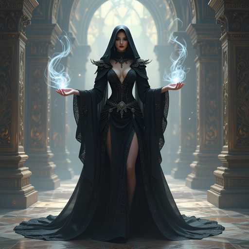 A woman dressed in a black gown with gold accents stands in front of an ornate archway and columns, holding two wands that emit blue sparks.