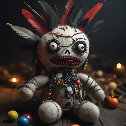The image depicts a hauntingly eerie doll with a round, white face that appears to be made of cloth. Its eyes are unsettlingly bulging and misaligned, giving it a disturbingly alive appearance. The doll's mouth is wide open, revealing red, tooth-like structures that add to its grotesque look. Its body is adorned with an array of colorful beads in shades of blue, red, yellow, and orange, creating a stark contrast against its pale face. The doll's arms are wrapped in string, and its legs are short and stubby. Atop its head, a mix of red and black feathers protrude, resembling a disheveled mohawk. The doll is seated on a wooden table, surrounded by small, round objects in yellow, blue, red, and orange hues, which resemble marbles or beads. The background is dark and blurry, with indistinct shapes that could be rocks or other objects, adding to the overall mysterious and unsettling atmosphere of the scene.