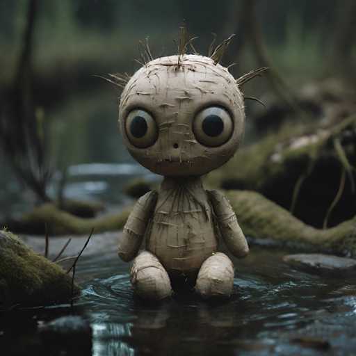 The image depicts a small, eerie creature that appears to be a hybrid between a doll and a mummy. The creature is seated in a shallow, dark pond, surrounded by a moss-covered, rocky landscape. Its body is made of a light brown material, possibly clay or paper mache, giving it a papery texture. The creature's head is disproportionately large, featuring two enormous, bulging eyes with black pupils, a small circular nose, and a mouth that is slightly open, revealing a few teeth. Its hair consists of spiky, twig-like strands sticking out in all directions. The creature's arms and legs are short and stubby, with no distinct fingers or toes. The background is blurred, emphasizing the creature's unsettling presence in the dark, still water.