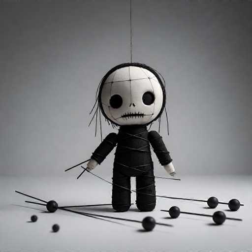 This black-and-white photograph features a hauntingly eerie marionette that appears to be inspired by the character Jack Skellington from "The Nightmare Before Christmas." The marionette has a large, round head with hollow black eyes, a small nose, and a stitched mouth, giving it a macabre appearance. Its stringy black hair cascades down the sides of its face, adding to its unsettling look. The body is tightly wrapped in black string, creating a mummy-like effect, and it has two long, thin arms with white hands. The legs are also wrapped in string, ending in small feet. The marionette is suspended by a string attached to the top of its head, which extends out of the frame. On the white surface below, there are several long, thin sticks with black balls at their ends, reminiscent of jacks, scattered around the marionette. The background is a gradient of gray, darker at the top and lighter at the bottom, enhancing the overall spooky atmosphere of the image.