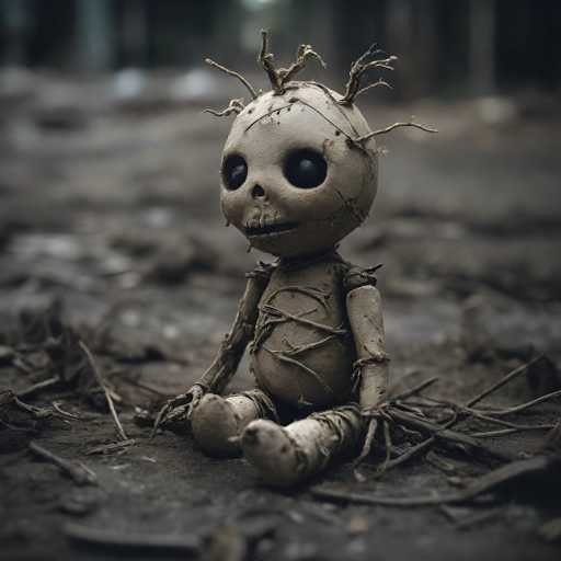 A creepy doll with a white face and brown hair sits on a pile of sticks and leaves in an outdoor setting.
