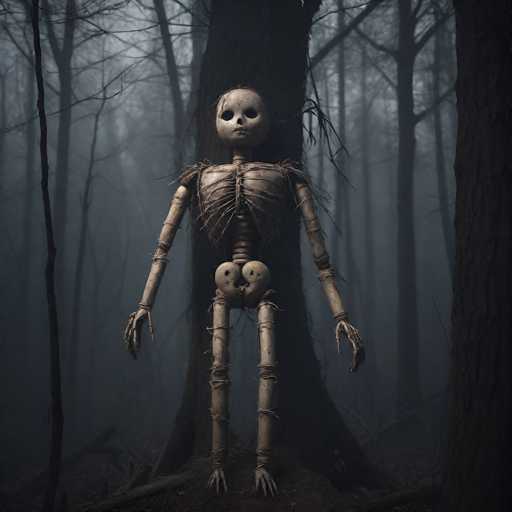In this eerie, computer-generated image, a haunting scene unfolds in a dense, foggy forest. The focal point is a large, leafless tree with a thick trunk, standing prominently in the center. Leaning against this tree is a disturbingly surreal figure that appears to be a fusion of a skeleton and a doll. The figure's head resembles a doll's head, with hollow eyes and a small mouth, but it is attached to a skeletal body. The torso reveals a ribcage, and the legs are made of bamboo sticks, tied together with twine, giving them a makeshift appearance. The figure's arms are long and thin, ending in hands that look like those of a doll. The entire scene is enveloped in a thick fog, adding to the unsettling atmosphere. In the background, more trees can be seen, their bare branches reaching into the misty sky, enhancing the overall sense of desolation and dread.