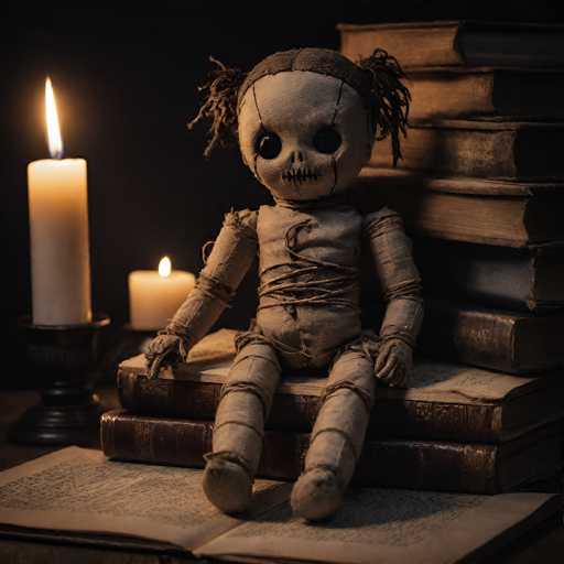The image depicts a hauntingly eerie scene set against a pitch-black background. At the center, a mummy-like doll sits atop a stack of old, dusty books, its body wrapped in tattered bandages. The doll's head is stitched shut, with two tufts of hair protruding from either side, giving it a ghostly appearance. Its large, black eyes stare blankly ahead, adding to the unsettling atmosphere. To the left of the doll, a tall, white candle in a black candlestick holder stands lit, casting a flickering flame. Behind it, a smaller, partially melted candle also burns, its flame barely visible. An open book lies in front of the doll, its pages filled with indiscernible black text, further enhancing the mysterious and ominous mood of the scene.