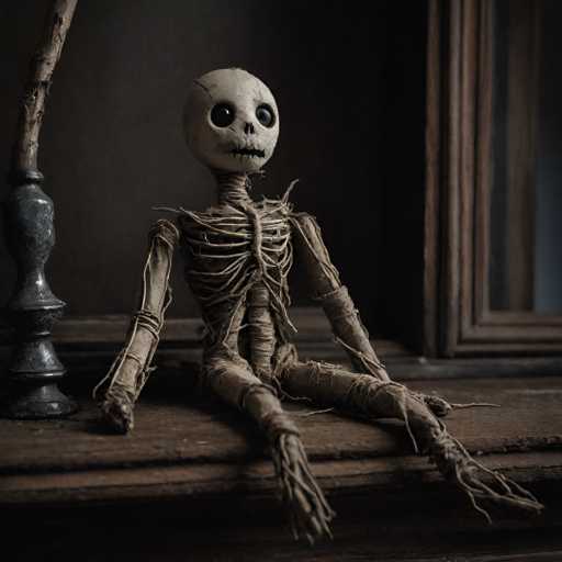 A creepy skeleton doll with a sad expression sits on a wooden shelf against a dark background.