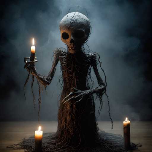 A sculpture of a skull made from black wire and metal, holding two candles with its hands, set against a dark blue background with smoke rising from the top right corner.