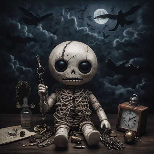 The image depicts a creepy skeleton doll with a chain wrapped around its neck and head, sitting on a wooden table surrounded by various objects including a clock, a bottle of perfume, a book, and a necklace. The scene is set against a dark blue sky filled with clouds, creating an eerie atmosphere.