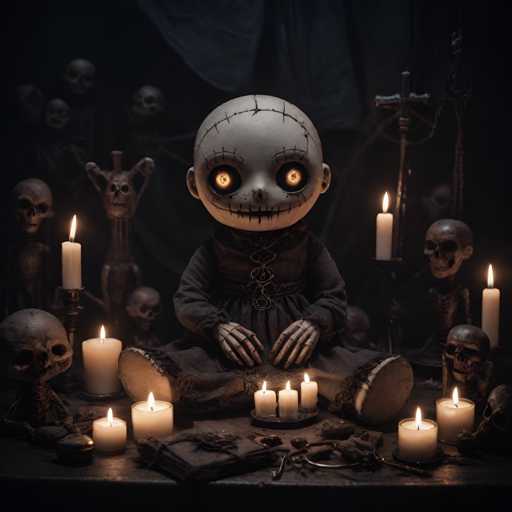 The image depicts a doll with a face and hands, sitting on a table surrounded by candles and skulls. The dolls head is illuminated, drawing attention to its features. The background is dark, creating an eerie atmosphere that complements the doll's presence.