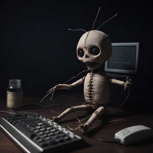 The image depicts a dark, eerie scene featuring a skeleton-like doll seated at a desk. The doll, which has a stitched-together appearance with visible stitches on its head, chest, and arms, has large, hollow black eyes and a mouth sewn shut. Its head is adorned with four antenna-like protrusions, two on each side. The doll's hands are thin and skeletal, with one hand resting on a black keyboard and the other on a white mouse. The desk is cluttered with various items, including a bottle of medicine or tranquilizers with a white label and a clear cap to the left of the doll, and a computer monitor with a black screen and gray border behind it. The overall atmosphere is dark and unsettling, with the doll appearing to be in a state of disrepair or decay.