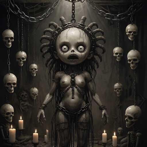 The image depicts a dark, eerie scene reminiscent of a horror movie. At the center stands a grotesque, humanoid creature with an oversized, bald head adorned with numerous horns and tentacles. Its eyes are large and white, giving it a haunting expression, while its mouth is agape, revealing sharp teeth. The creature's body is equally unsettling, with a large belly, pronounced breasts, and long, stringy hair. Chains are draped around its neck, waist, and legs, adding to its monstrous appearance.

Surrounding this central figure are numerous skulls, some hanging from the ceiling and others scattered on the floor. The background is shrouded in darkness, with faint light filtering through, creating an ominous atmosphere. Candles are placed on the floor, casting flickering shadows and enhancing the sinister mood. The entire scene is rendered in shades of gray, black, and white, contributing to its overall horror-like aesthetic.