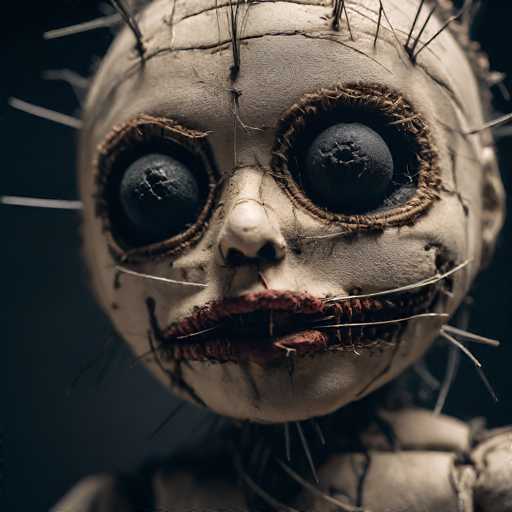 This image depicts a hauntingly eerie doll with a grotesque appearance. The doll's face is stitched together, with visible stitches running across its forehead and around its eyes. Its eyes are unsettling, with black pupils that seem to be sewn shut, giving them a hollow, lifeless look. The lips are also stitched, contributing to the doll's macabre expression. 

The doll's skin is a pale, almost white color, which contrasts starkly with the dark background. Its body is visible from the shoulders up, and it appears to be made of a similar stitched material, though the details are less clear. The overall effect is deeply unsettling, evoking a sense of unease and horror.