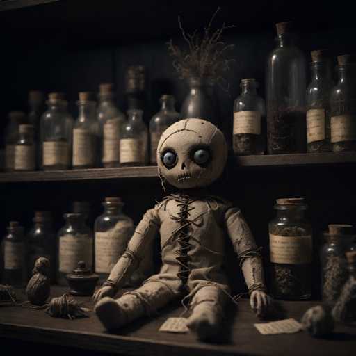 A creepy doll with a white face and brown hair sits on a shelf filled with various glass bottles and jars. The doll is dressed in a simple outfit of a white shirt and pants, and has a rope tied around its neck.