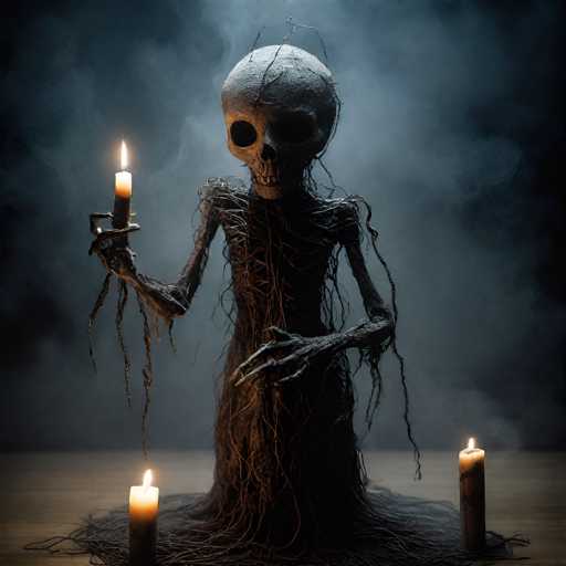 The image depicts a hauntingly beautiful scene of a skeleton standing on a wooden floor, enveloped in a smoky, dark atmosphere. The skeleton, with its hollow eye sockets and visible teeth, is adorned with numerous brown vines that twist and intertwine around its body, giving it an eerie, organic appearance. The figure's right hand holds a lit candle, casting a flickering glow that illuminates its face and the immediate area. Two additional lit candles are positioned on the floor to the left and right of the skeleton, further enhancing the ethereal ambiance. The background is a deep, dark blue, almost black, with wisps of smoke rising from the floor, adding to the overall mysterious and somber mood of the scene.