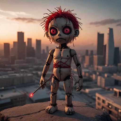 In this striking image, a menacing doll stands atop a jagged rock formation, overlooking a sprawling cityscape. The doll, with its unsettling appearance, has a body made of plastic or metal, featuring a white complexion and a muscular build. Its head is adorned with vibrant red hair, styled in a wild, spiky manner. The doll's eyes are particularly haunting, with large, red irises surrounded by black rings, giving it a sinister gaze. Its mouth is stitched shut, adding to its eerie demeanor.

The doll's arms are bent at the elbows, with hands positioned in front of its body. In its right hand, it holds a stick that emits a glowing red light at the end, casting an ominous glow. The doll's torso is wrapped in red string, and its legs are similarly bound, with the string extending to its feet. The doll's ears are large and protruding, further enhancing its unsettling appearance.

The backdrop features a city skyline with numerous tall buildings, suggesting a bustling urban environment. The sky above is a mix of gray and blue hues, with clouds scattered across it, adding to the overall dramatic and eerie atmosphere of the scene.