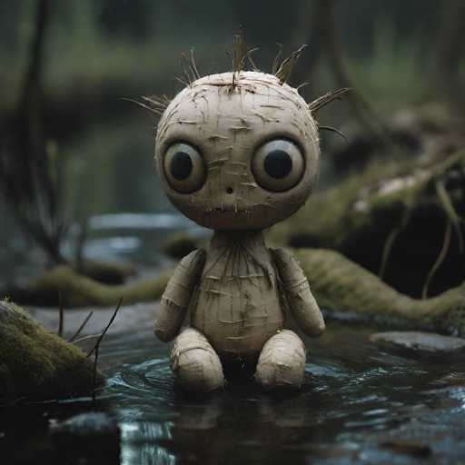 A small, handmade-looking creature made of light brown, roughly textured material (possibly cardboard or paper) is sitting in a shallow stream. The creature has large, round eyes with black pupils and a simple, stitched-on mouth. It has a head covered in thin, twig-like protrusions and small, stubby arms and legs. The creature is partially submerged in the water, with ripples visible on its surface. The background is blurred, suggesting a natural setting like a forest or woodland with mossy rocks and out-of-focus foliage. The overall lighting is soft and slightly muted, creating a whimsical and serene atmosphere.